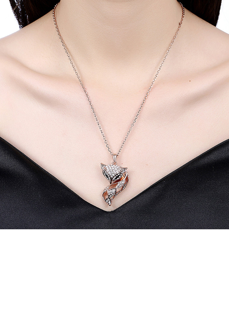 Fashion Plated Rose Gold Fox Pendant with Austrian Element Crystal and Necklace