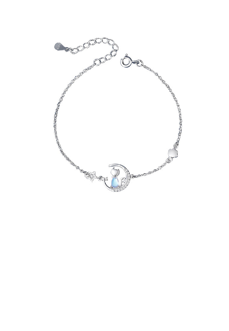 925 Sterling Silver Simple and Cute Star Moon Cat Moonstone Bracelet with Cubic Zirconia - Luxurious Look