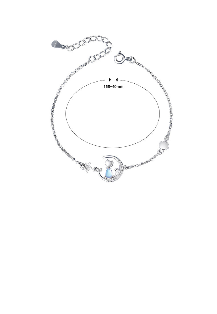 925 Sterling Silver Simple and Cute Star Moon Cat Moonstone Bracelet with Cubic Zirconia - Luxurious Look