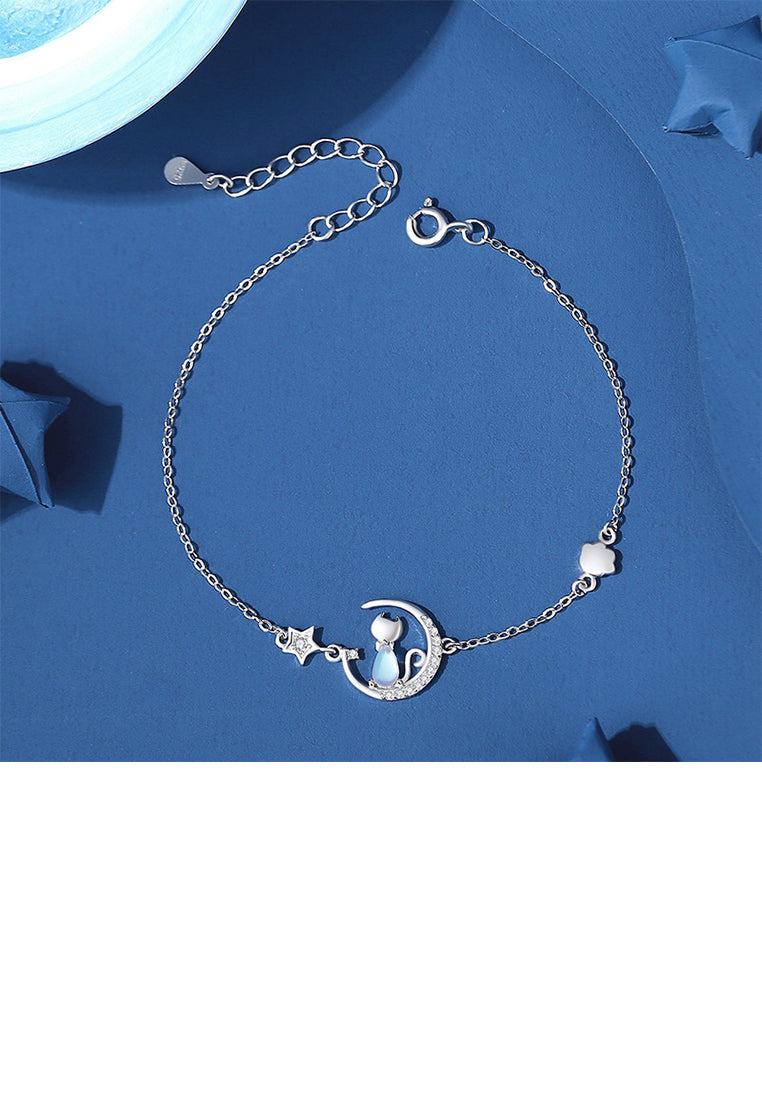 925 Sterling Silver Simple and Cute Star Moon Cat Moonstone Bracelet with Cubic Zirconia - Luxurious Look