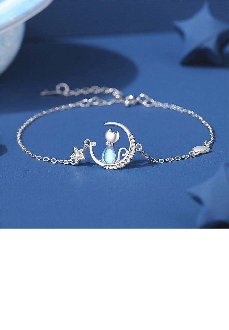 925 Sterling Silver Simple and Cute Star Moon Cat Moonstone Bracelet with Cubic Zirconia - Luxurious Look