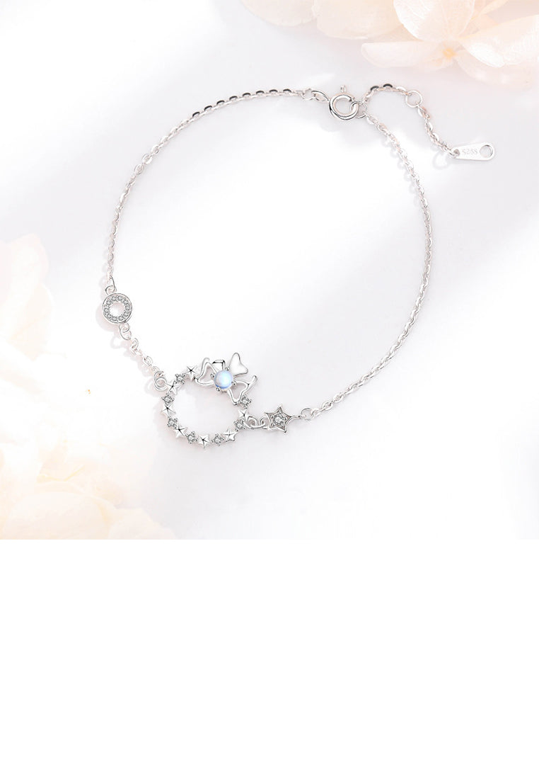925 Sterling Silver Simple Sweet Ribbon Star Moonstone Bracelet with Cubic Zirconia - Luxurious Look