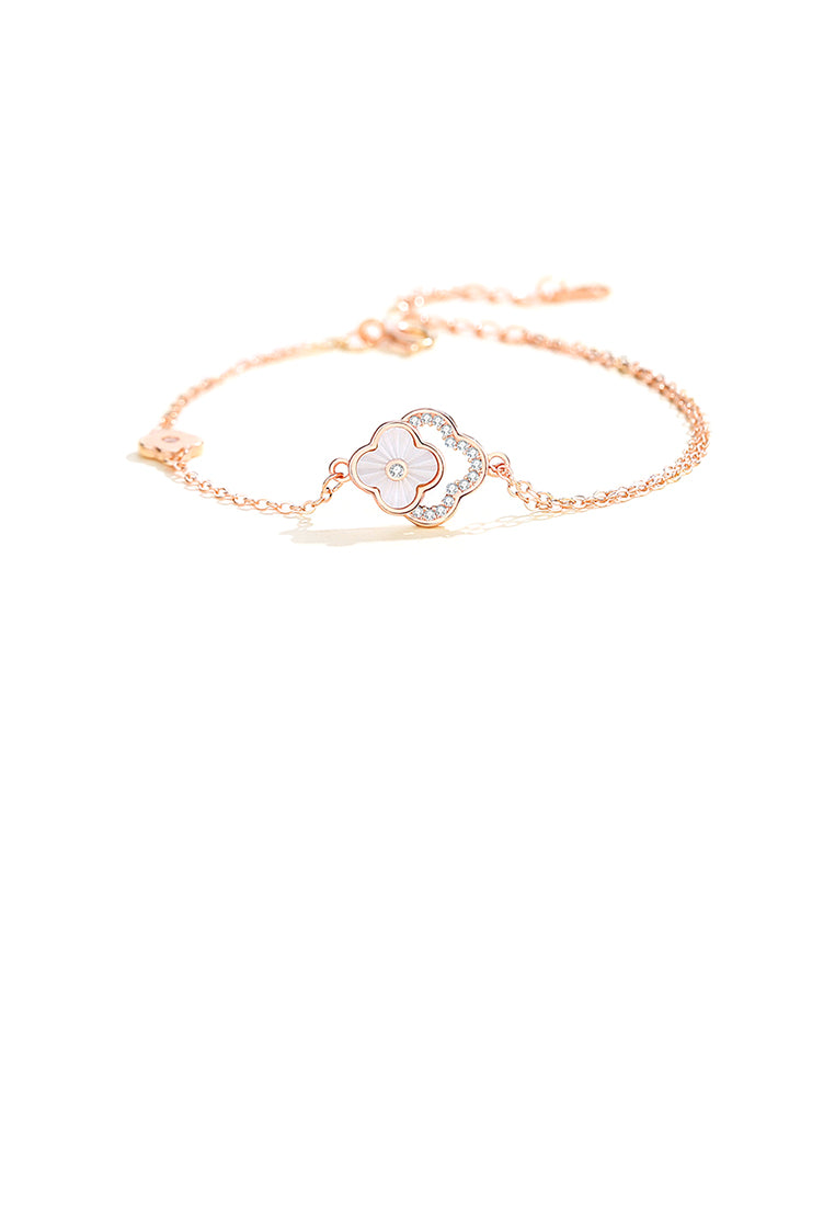 925 Sterling Silver Plated Rose Gold Fashion Simple Four-leafed Clover Bracelet with Cubic Zirconia - Luxurious Look