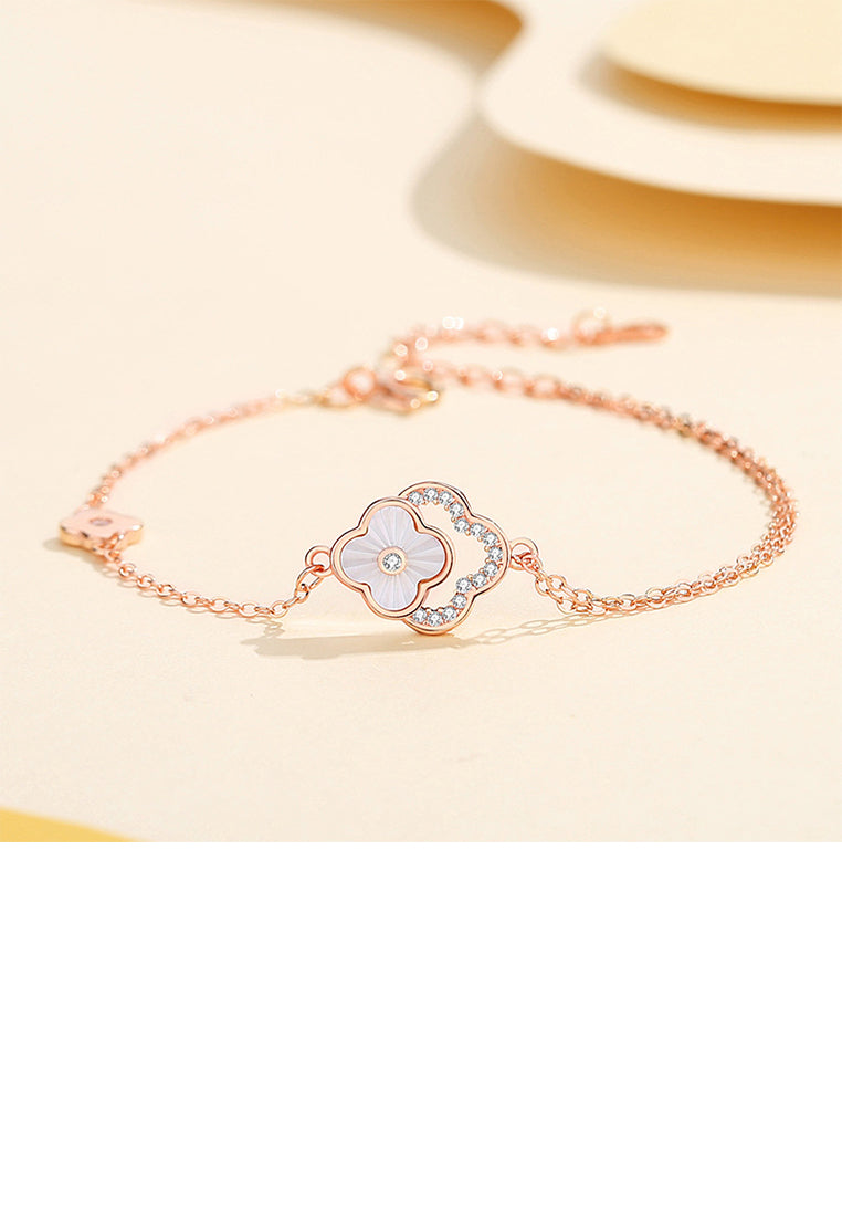 925 Sterling Silver Plated Rose Gold Fashion Simple Four-leafed Clover Bracelet with Cubic Zirconia - Luxurious Look