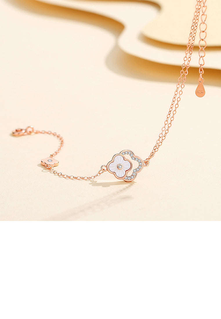 925 Sterling Silver Plated Rose Gold Fashion Simple Four-leafed Clover Bracelet with Cubic Zirconia - Luxurious Look