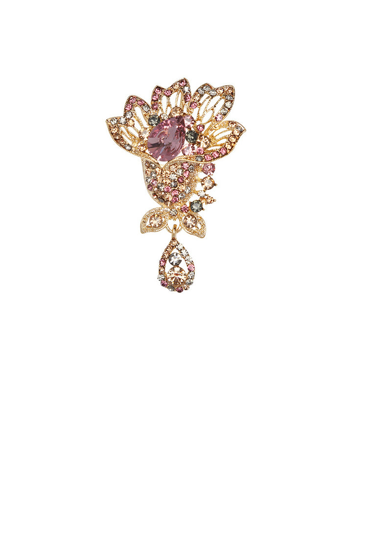 Fashion and Elegant Plated Gold Hollow Floral Brooch with Colorful Cubic Zirconia - Luxurious Look