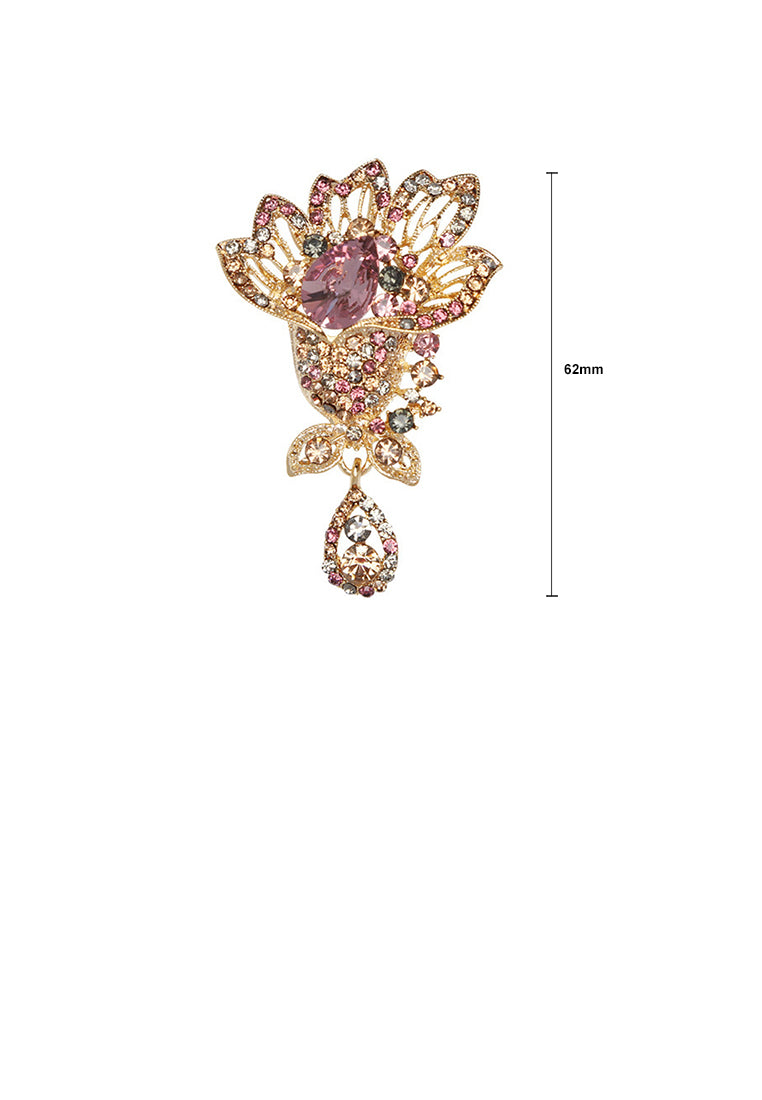 Fashion and Elegant Plated Gold Hollow Floral Brooch with Colorful Cubic Zirconia - Luxurious Look
