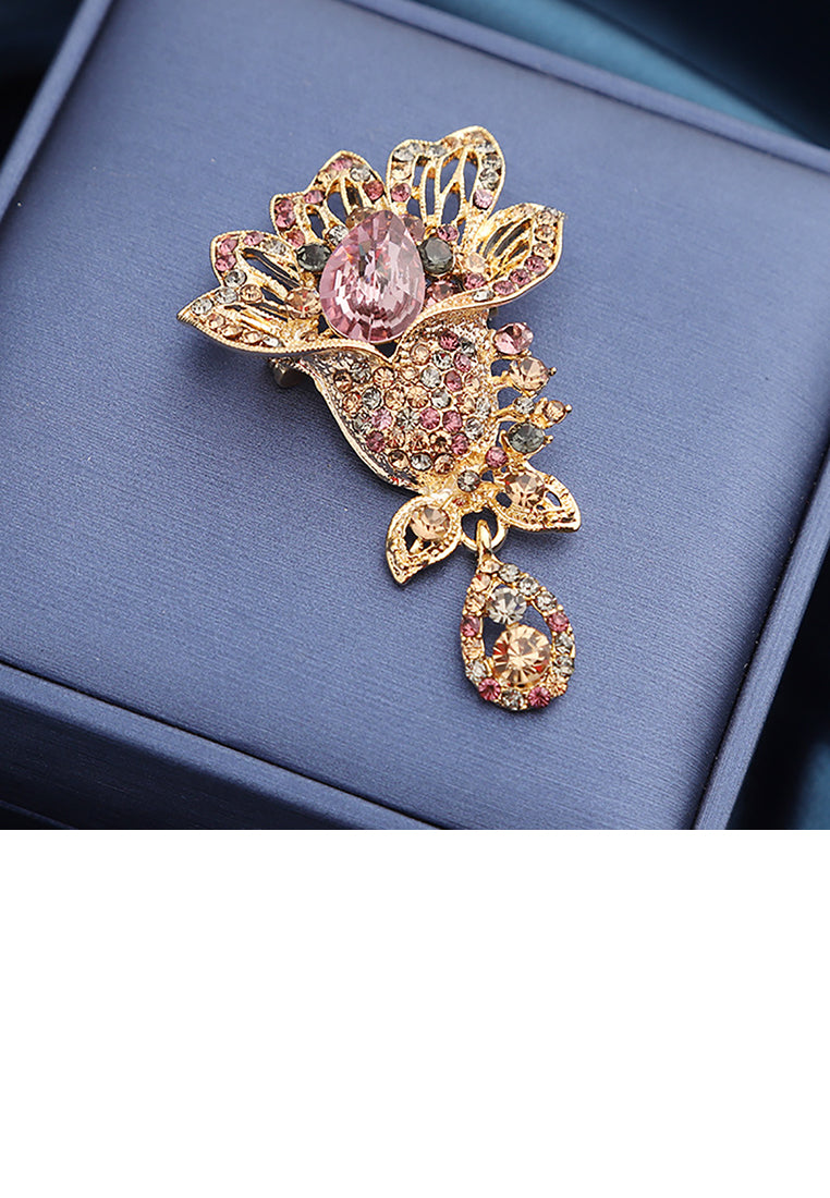 Fashion and Elegant Plated Gold Hollow Floral Brooch with Colorful Cubic Zirconia - Luxurious Look