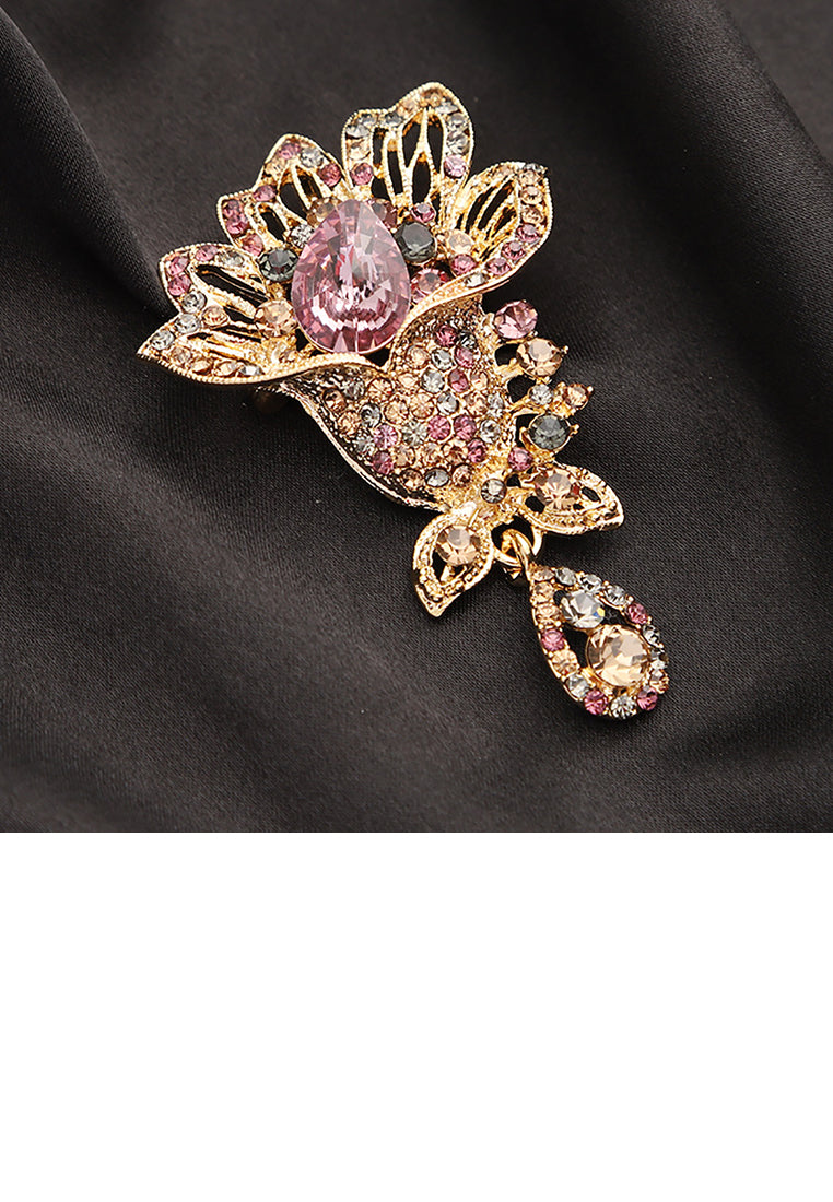 Fashion and Elegant Plated Gold Hollow Floral Brooch with Colorful Cubic Zirconia - Luxurious Look