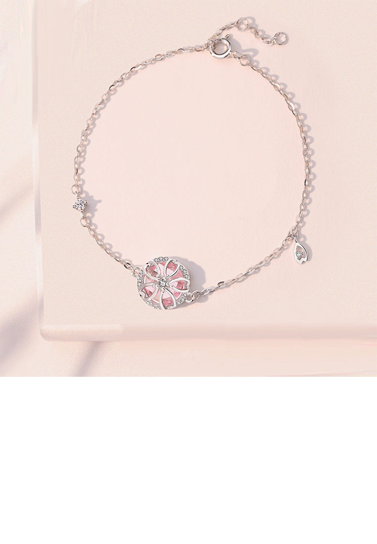 925 Sterling Silver Fashion Fantasy Hollow Cherry Blossom Bracelet with Pink Cubic Zirconia - Luxurious Look - Vibrant Color