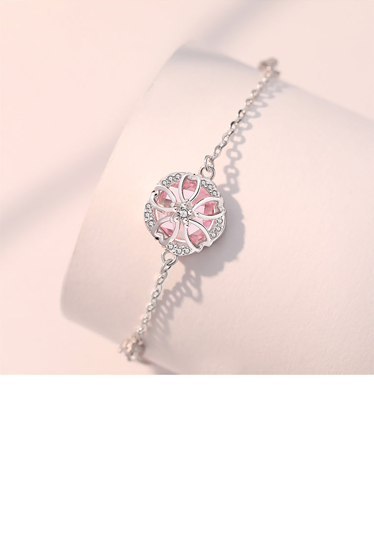 925 Sterling Silver Fashion Fantasy Hollow Cherry Blossom Bracelet with Pink Cubic Zirconia - Luxurious Look - Vibrant Color