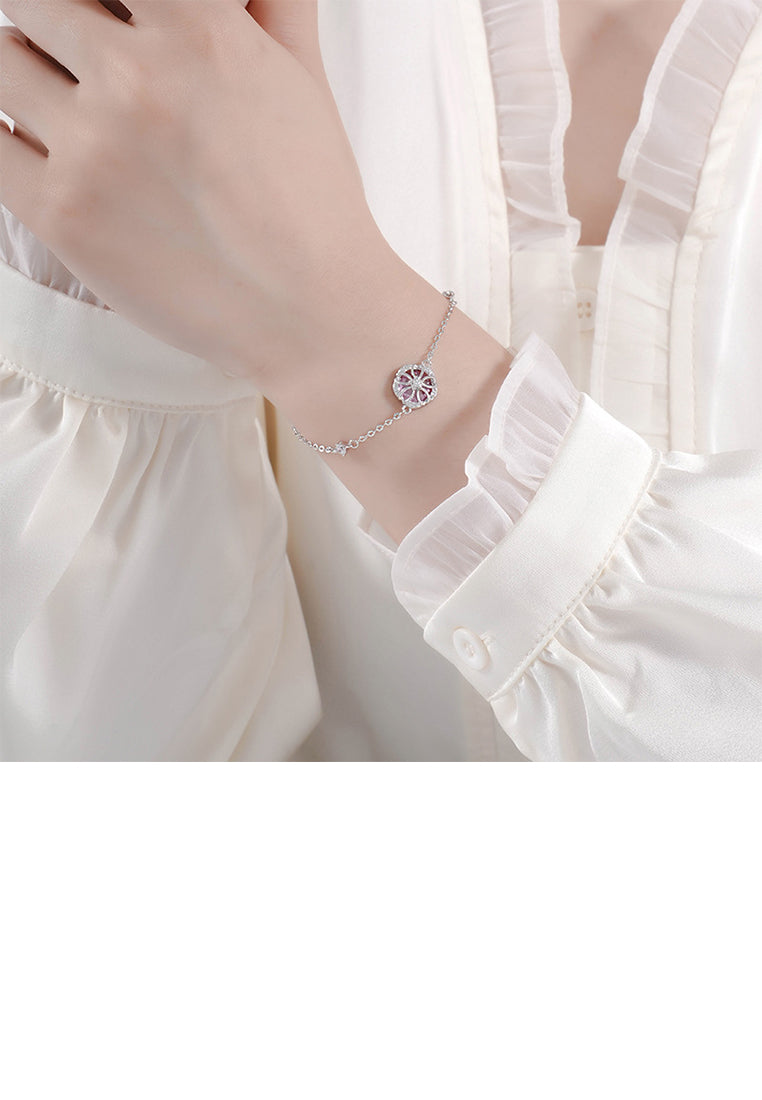 925 Sterling Silver Fashion Fantasy Hollow Cherry Blossom Bracelet with Pink Cubic Zirconia - Luxurious Look - Vibrant Color