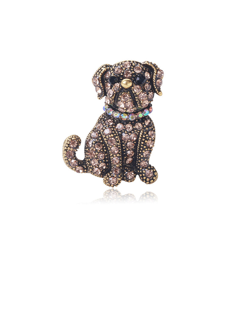Simple and Cute Plated Gold Dog Brooch with Brown Cubic Zirconia - Luxurious Look - Vibrant Color