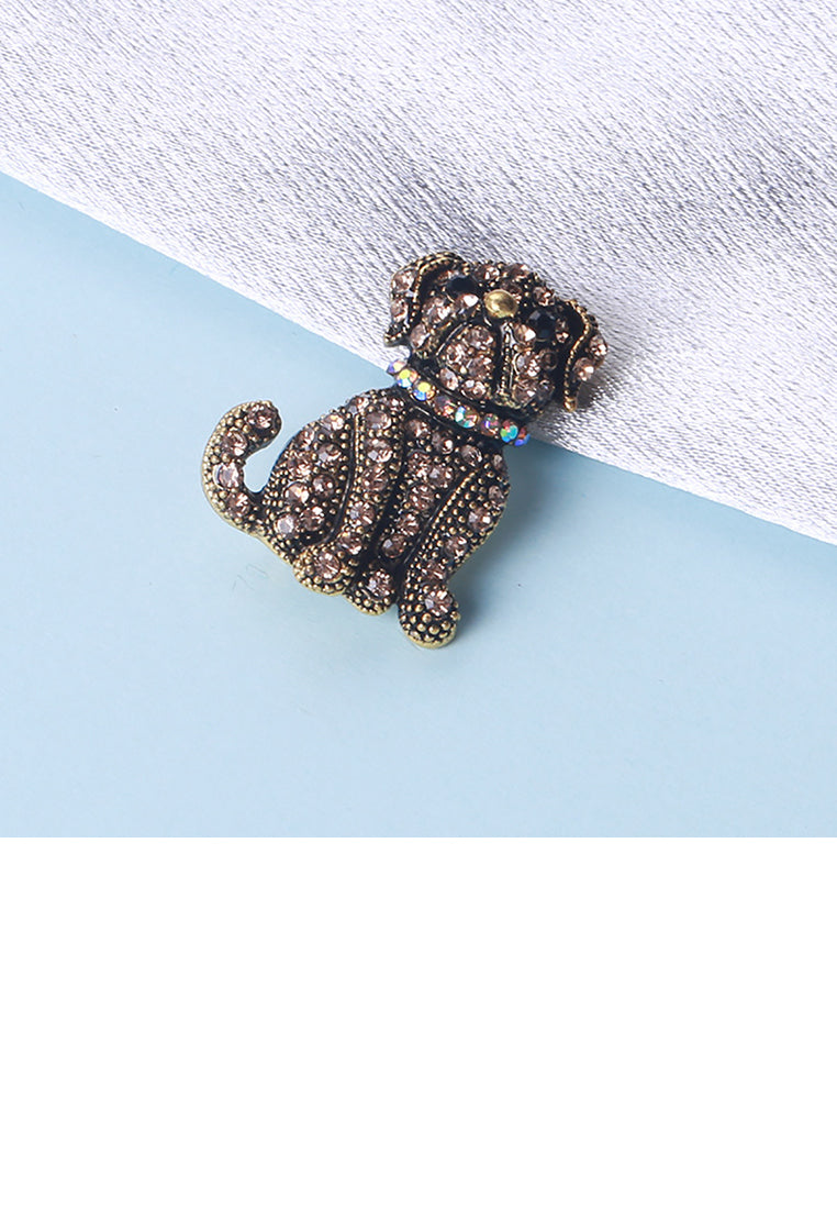 Simple and Cute Plated Gold Dog Brooch with Brown Cubic Zirconia - Luxurious Look - Vibrant Color