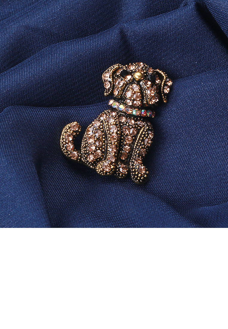Simple and Cute Plated Gold Dog Brooch with Brown Cubic Zirconia - Luxurious Look - Vibrant Color