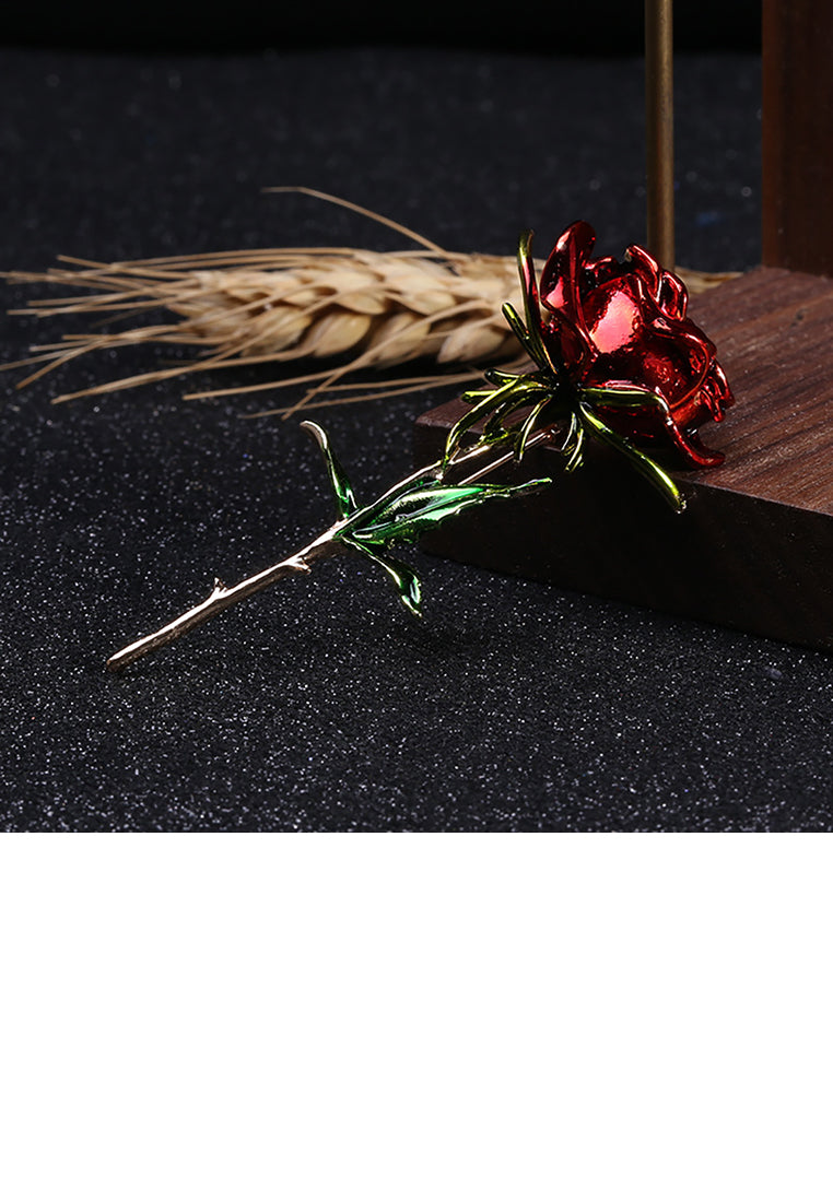Fashion and Elegant Plated Gold Red Rose Brooch - Vibrant Color
