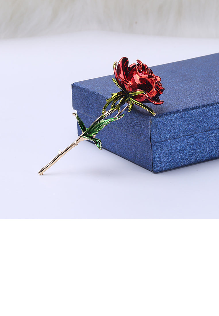Fashion and Elegant Plated Gold Red Rose Brooch - Vibrant Color