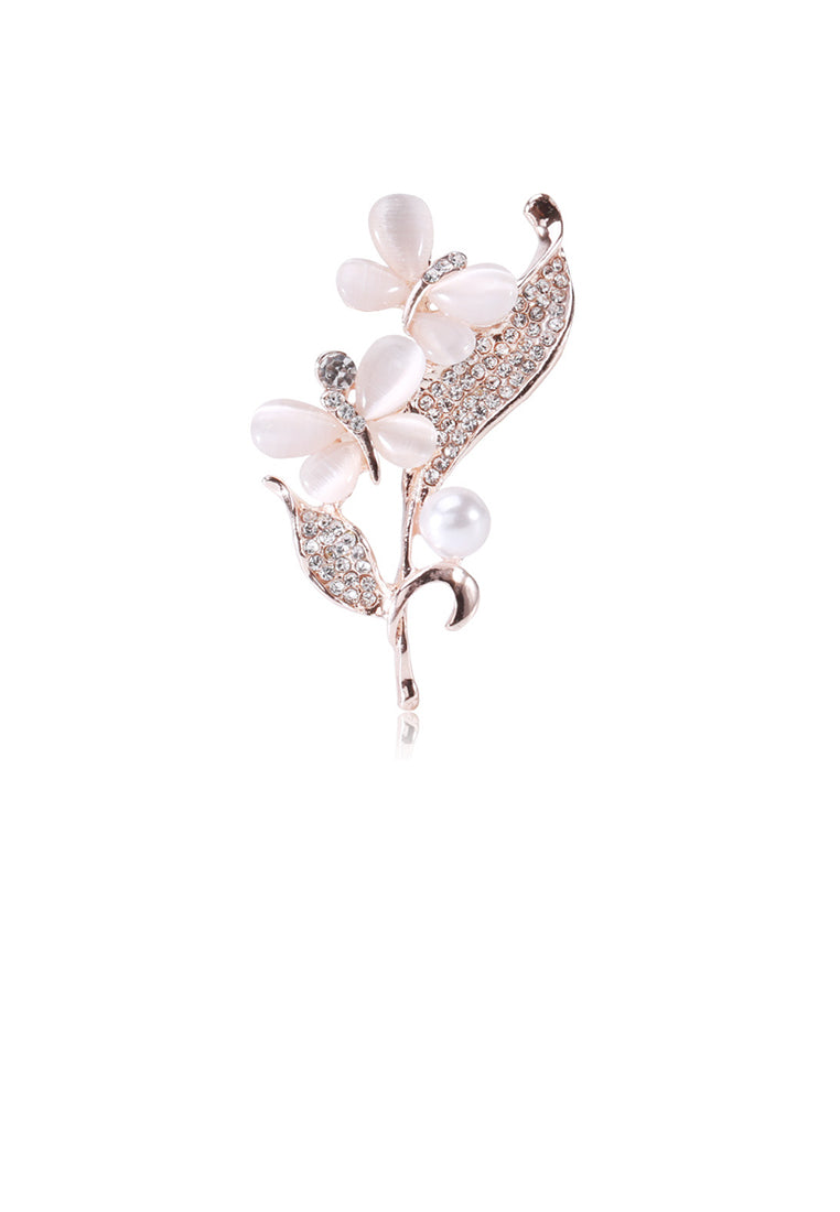 Fashion and Elegant Plated Gold Butterfly Imitation Opal Flower Brooch with Cubic Zirconia - Luxurious Look