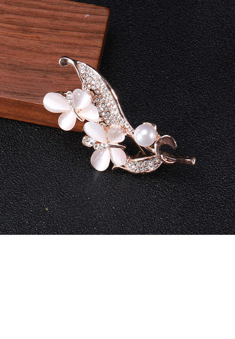 Fashion and Elegant Plated Gold Butterfly Imitation Opal Flower Brooch with Cubic Zirconia - Luxurious Look