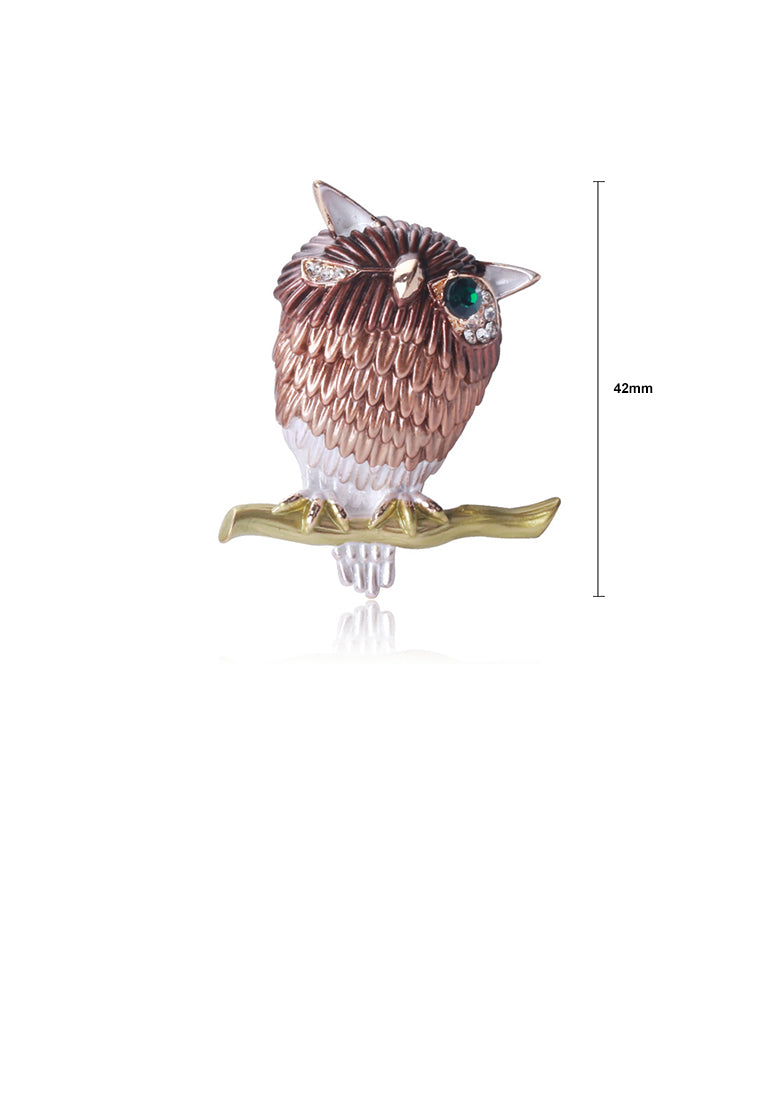 Fashion and Simple Plated Gold Enamel Brown Owl Brooch with Cubic Zirconia - Luxurious Look - Vibrant Color