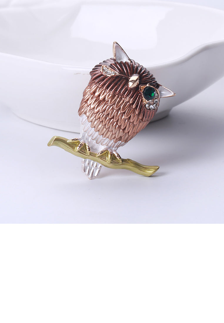 Fashion and Simple Plated Gold Enamel Brown Owl Brooch with Cubic Zirconia - Luxurious Look - Vibrant Color