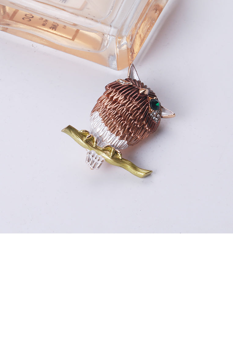 Fashion and Simple Plated Gold Enamel Brown Owl Brooch with Cubic Zirconia - Luxurious Look - Vibrant Color