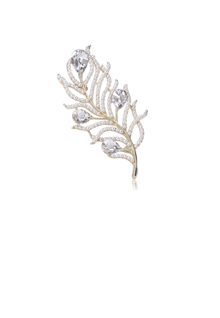 Simple Temperament Plated Gold Feather Imitation Pearl Brooch with Cubic Zirconia - Luxurious Look