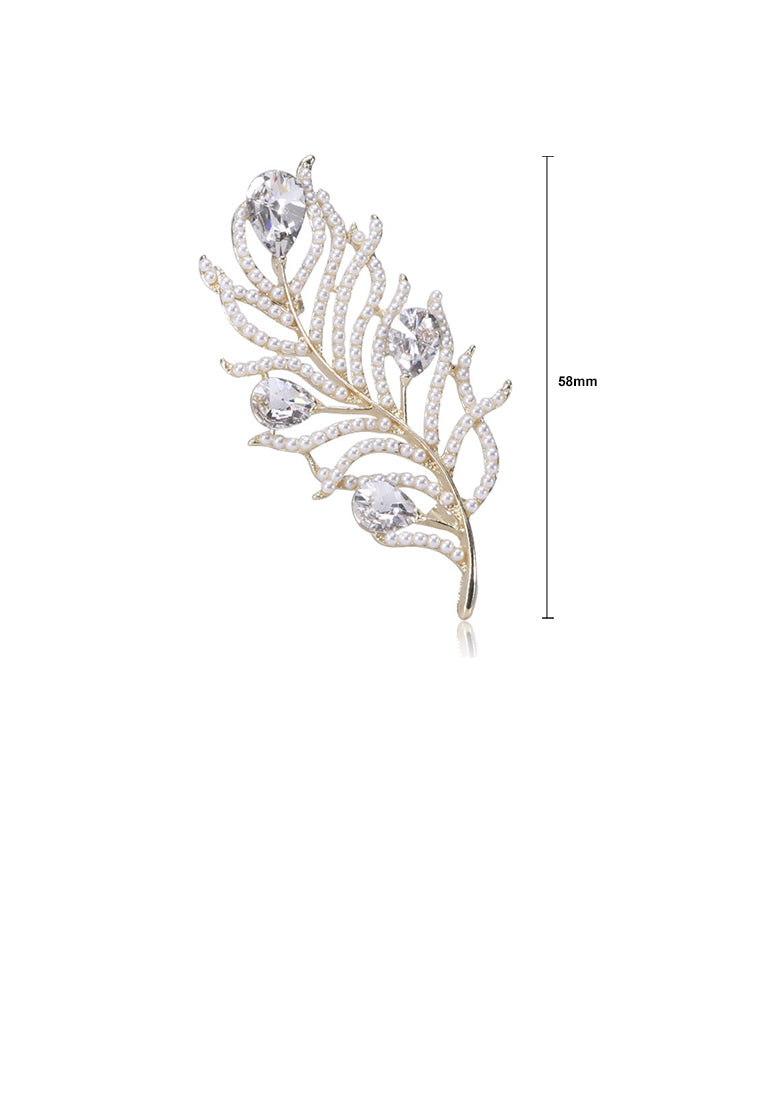 Simple Temperament Plated Gold Feather Imitation Pearl Brooch with Cubic Zirconia - Luxurious Look