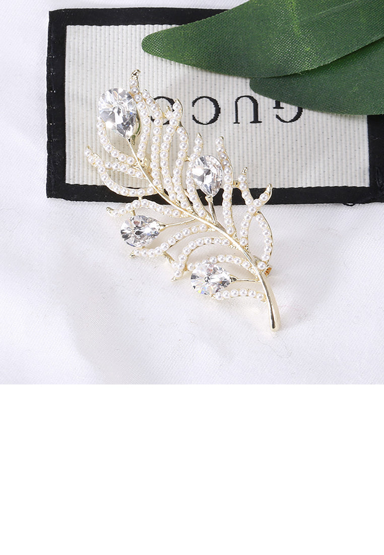 Simple Temperament Plated Gold Feather Imitation Pearl Brooch with Cubic Zirconia - Luxurious Look