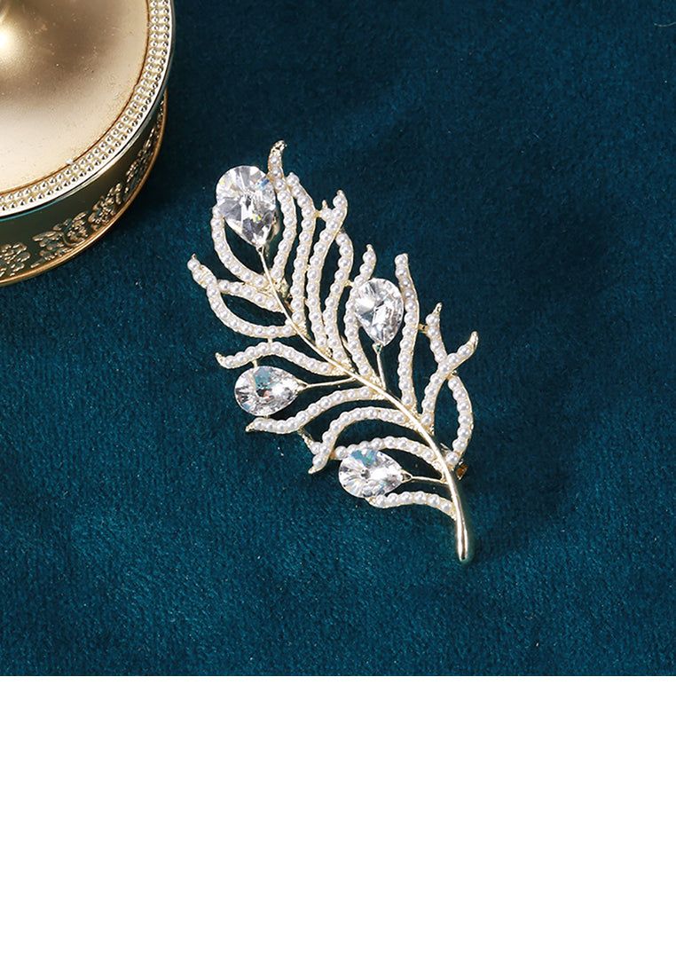 Simple Temperament Plated Gold Feather Imitation Pearl Brooch with Cubic Zirconia - Luxurious Look