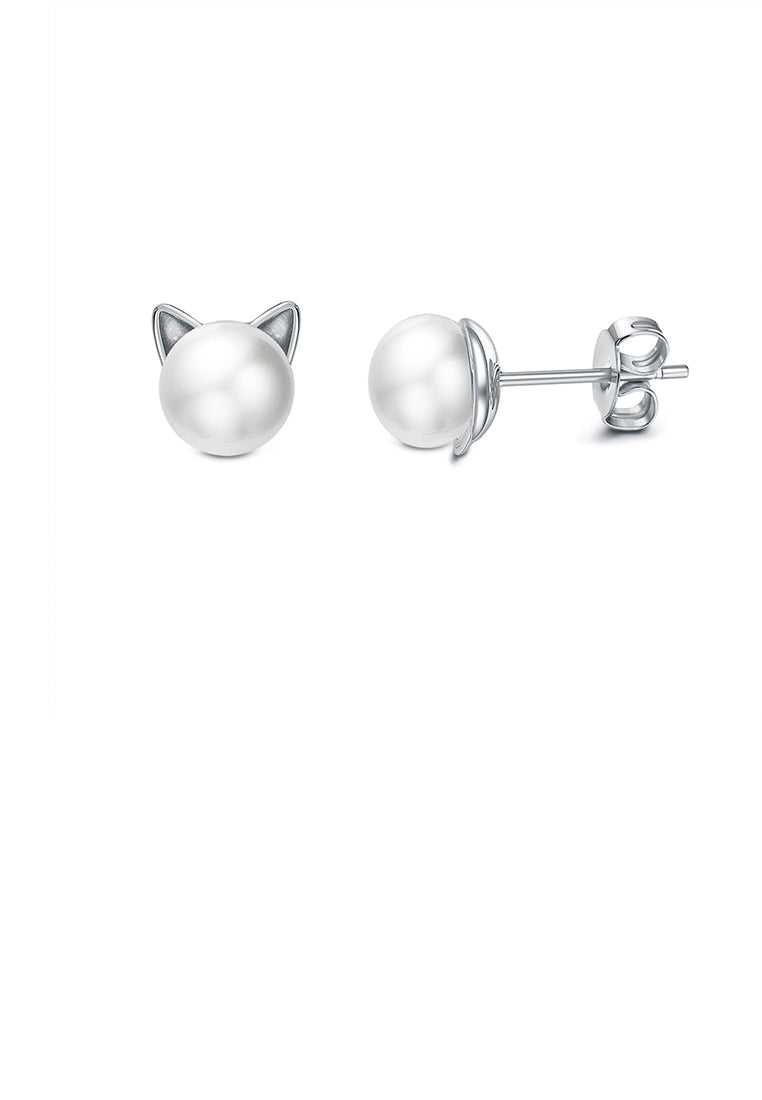 925 Sterling Silver Cute Cat Pearl Stud Earrings - Luxurious Look