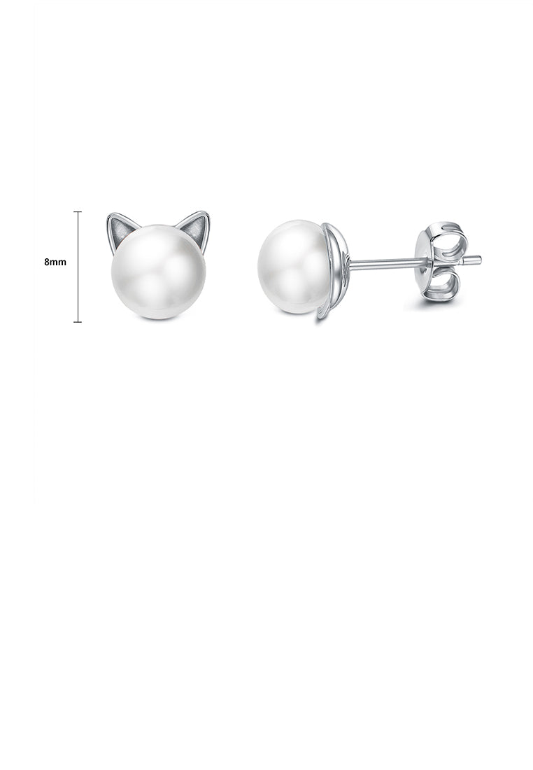 925 Sterling Silver Cute Cat Pearl Stud Earrings - Luxurious Look
