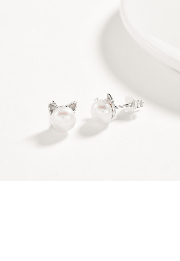 925 Sterling Silver Cute Cat Pearl Stud Earrings - Luxurious Look