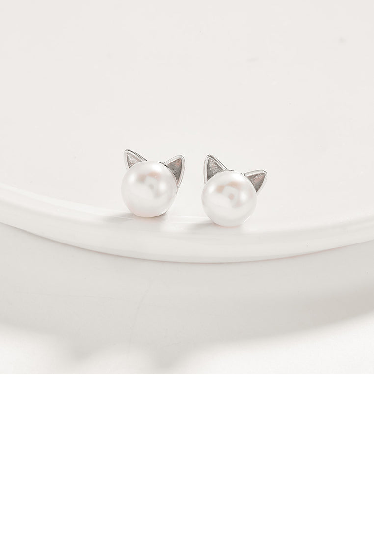 925 Sterling Silver Cute Cat Pearl Stud Earrings - Luxurious Look