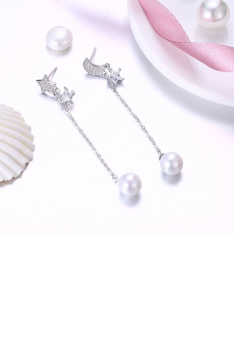 925 Sterling Silver Star Moon Earrings with Austrian Element Crystals and Fashion Pearl - Luxurious Look