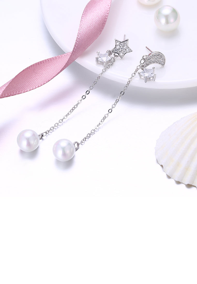 925 Sterling Silver Star Moon Earrings with Austrian Element Crystals and Fashion Pearl - Luxurious Look
