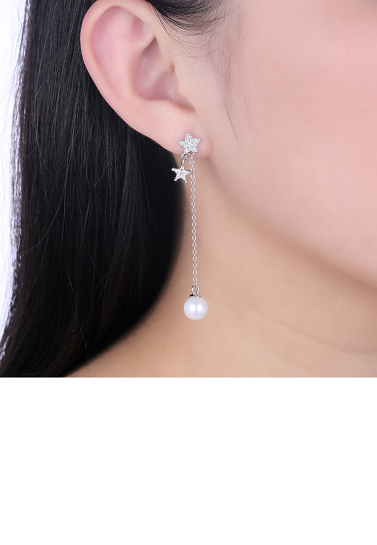 925 Sterling Silver Star Moon Earrings with Austrian Element Crystals and Fashion Pearl - Luxurious Look