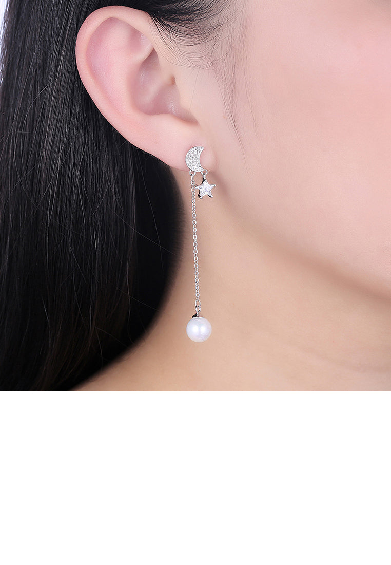 925 Sterling Silver Star Moon Earrings with Austrian Element Crystals and Fashion Pearl - Luxurious Look