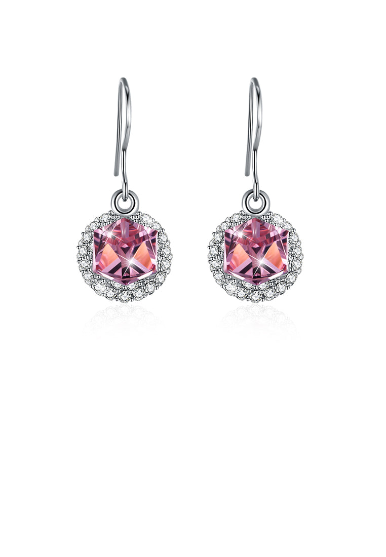 925 Sterling Silver Fashion Sparkling Round and Cube Earrings with Pink Austrian Element Crystal - Vibrant Color