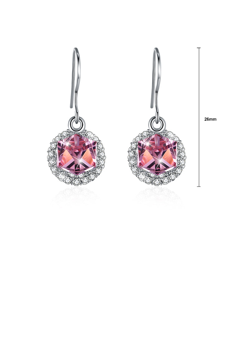925 Sterling Silver Fashion Sparkling Round and Cube Earrings with Pink Austrian Element Crystal - Vibrant Color