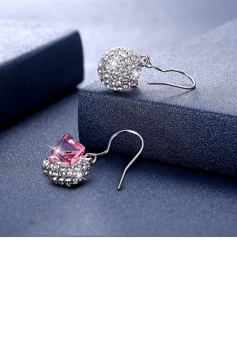 925 Sterling Silver Fashion Sparkling Round and Cube Earrings with Pink Austrian Element Crystal - Vibrant Color