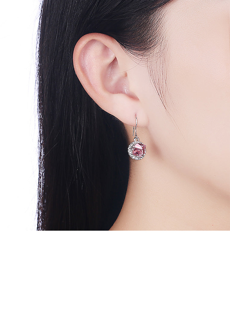 925 Sterling Silver Fashion Sparkling Round and Cube Earrings with Pink Austrian Element Crystal - Vibrant Color