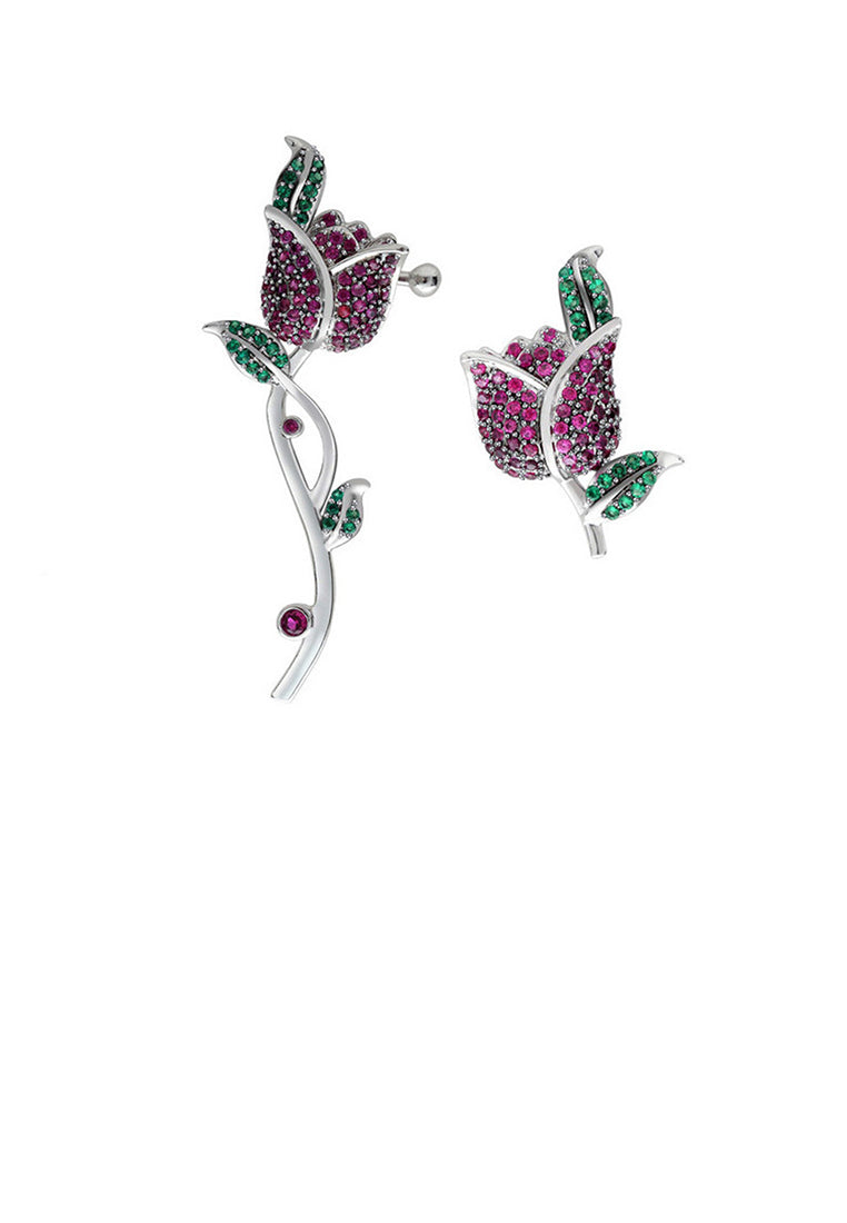 Fashion and Elegant Rose Flower Asymmetric Earrings with Red Cubic Zirconia - Luxurious Look - Vibrant Color