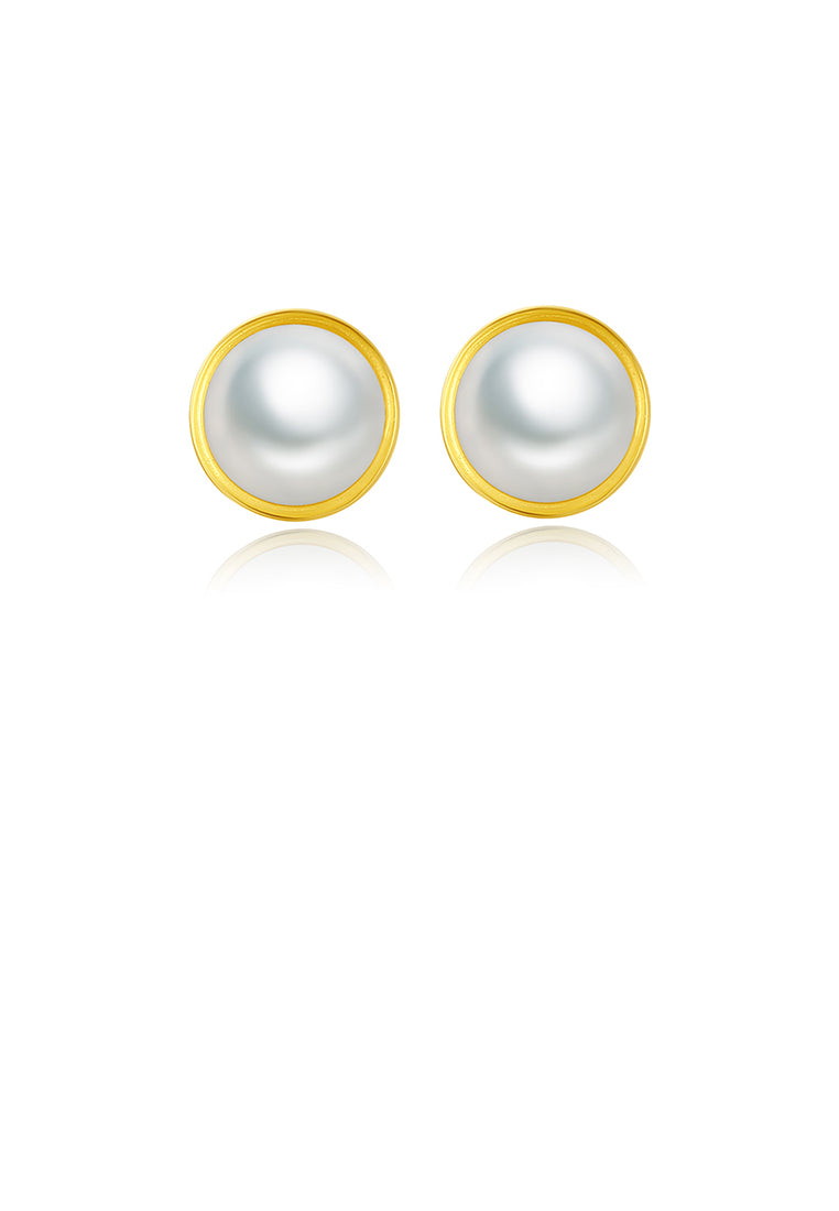 925 Sterling Silver Plated Gold Freshwater Pearl Geometric Round Stud Earrings - Luxurious Look