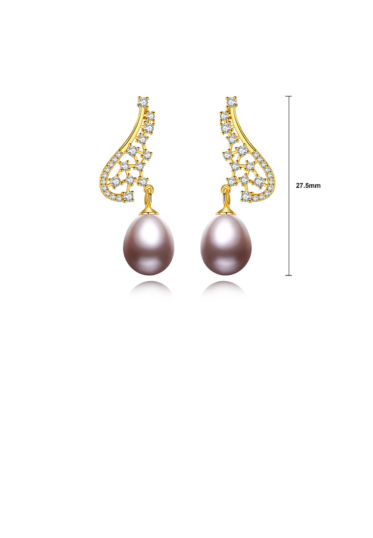 925 Sterling Silver Plated Gold Simple Fashion Geometric Purple Freshwater Pearl Earrings with Cubic Zirconia - Luxurious Look