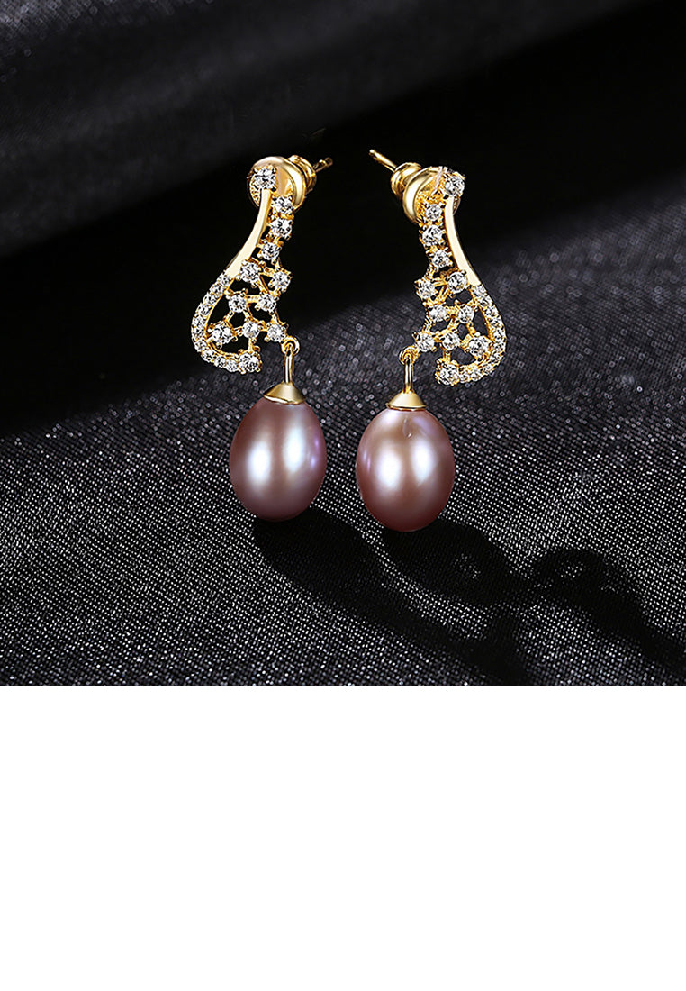 925 Sterling Silver Plated Gold Simple Fashion Geometric Purple Freshwater Pearl Earrings with Cubic Zirconia - Luxurious Look
