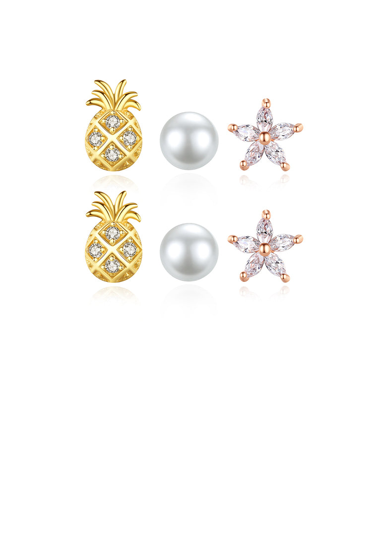 925 Sterling Silver Simple Personality Pineapple Flower Imitation Pearl Three-piece Stud Earrings with Cubic Zirconia - Luxurious Look