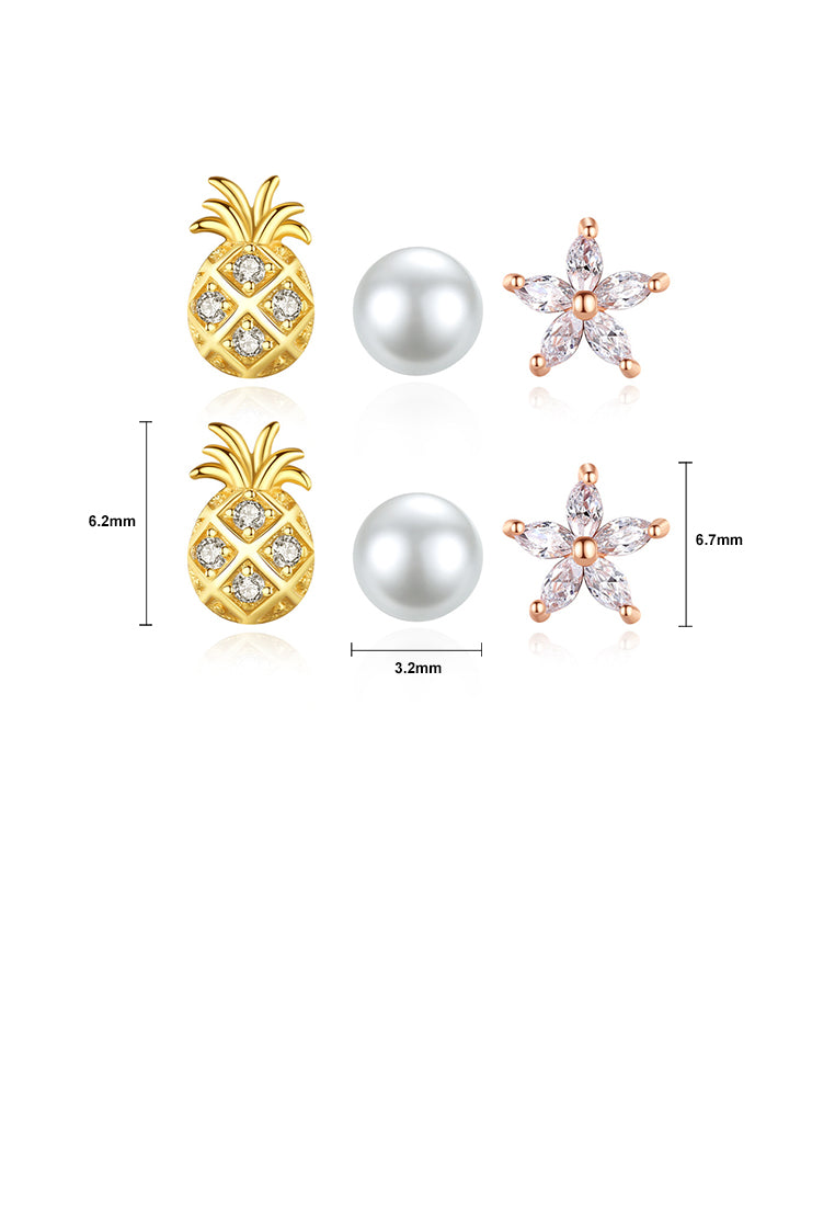 925 Sterling Silver Simple Personality Pineapple Flower Imitation Pearl Three-piece Stud Earrings with Cubic Zirconia - Luxurious Look