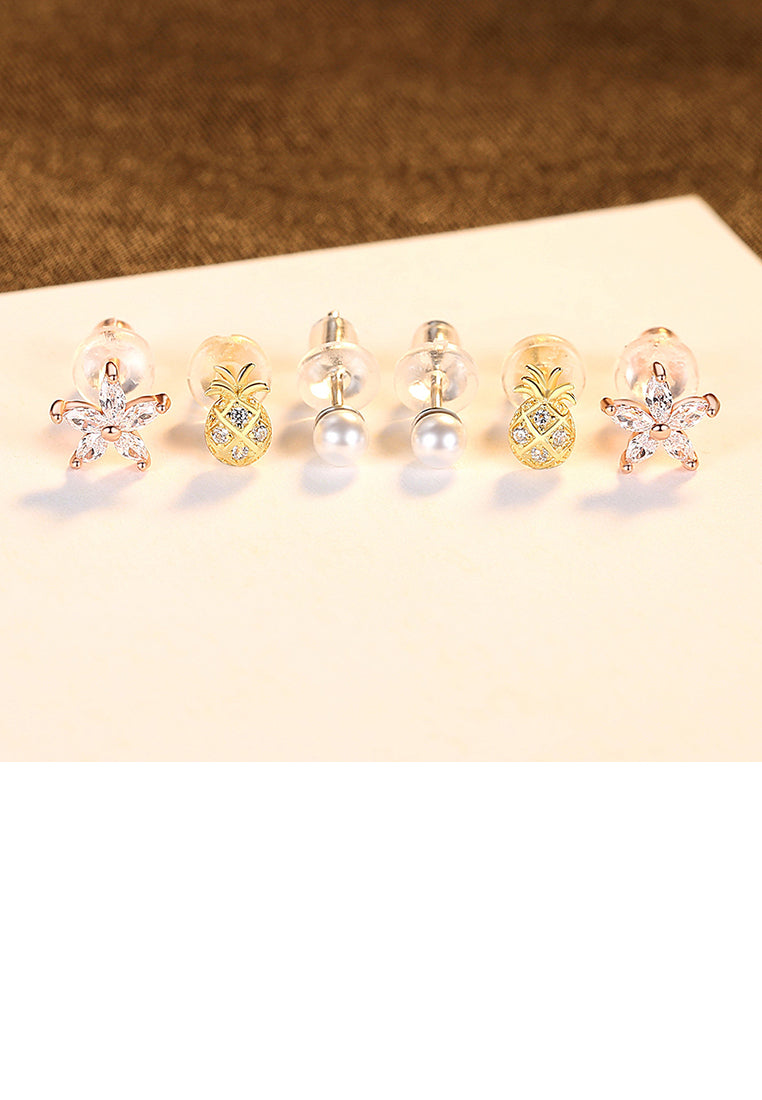 925 Sterling Silver Simple Personality Pineapple Flower Imitation Pearl Three-piece Stud Earrings with Cubic Zirconia - Luxurious Look