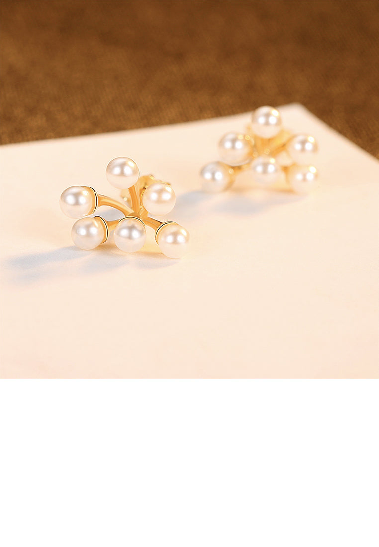 925 Sterling Silver Plated Gold Fashion Elegant Floral Fashion Pearl Stud Earrings - Luxurious Look